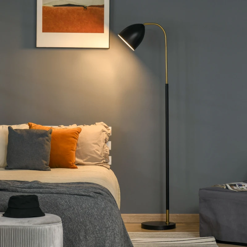 HOMCOM Arc Floor Lamp, Standing Reading Light, with Adjustable Lampshade, and Round Base for Living Room, Office, or Bedroom, Black/ Gold