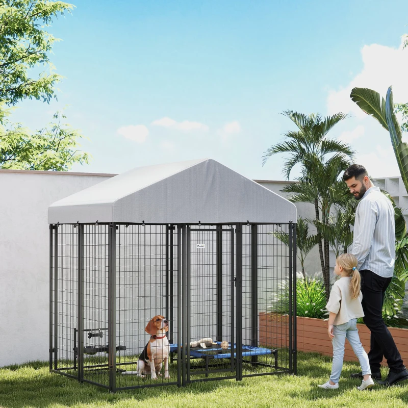 PawHut Outdoor Dog Kennel with Roof with Escape-proof Lock, UV-Resistant & Waterproof Cover, 5.9' x 4' x 6', Silver