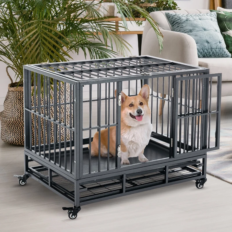 PawHut 36" Heavy Duty Dog Crate Metal Cage Kennel with Lockable Wheels, Double Door and Removable Tray, Gray