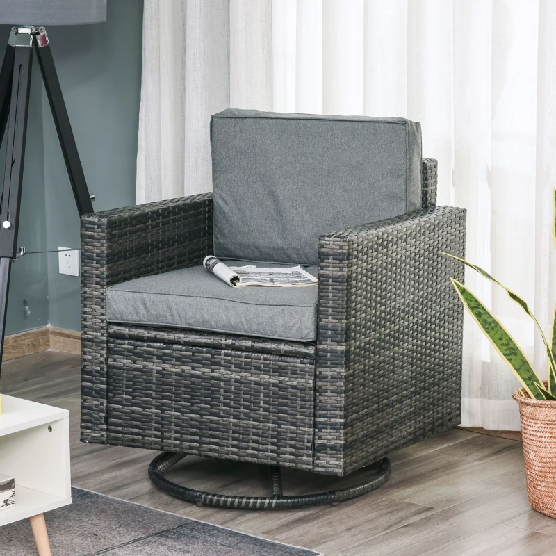 Outsunny Outdoor Swivel Rocker, PE Wicker Dining Chair, 360 Degree Swivel Patio Glider with Cushions for Backyard, Lawn, Garden, Deck, Porch, Steel Frame, Gray