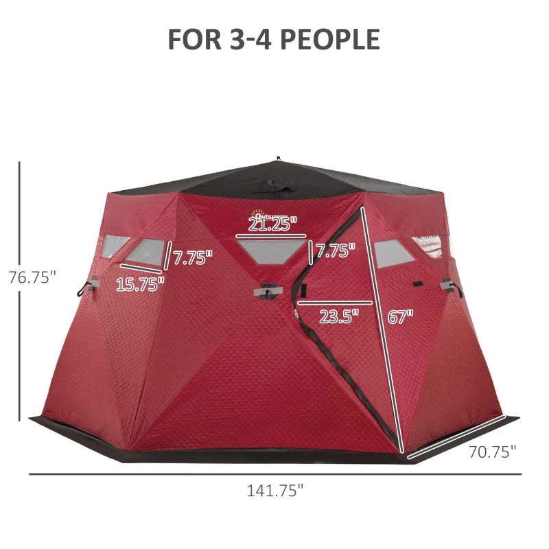Outsunny 4 Person Insulated Pop-Up Ice Fishing Shelter, 360-Degree View, Portable Ice Fishing Tent Shanty with Carry Bag, Two Doors and Anchors for Low-Temp -22℉, Red