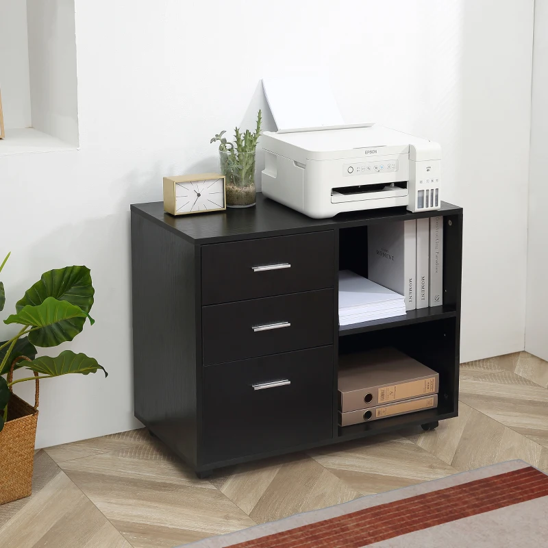 HOMCOM 3 Drawer Printer Stand, Mobile Office Cabinet with 2 Storage Shelves for Home Office, Black