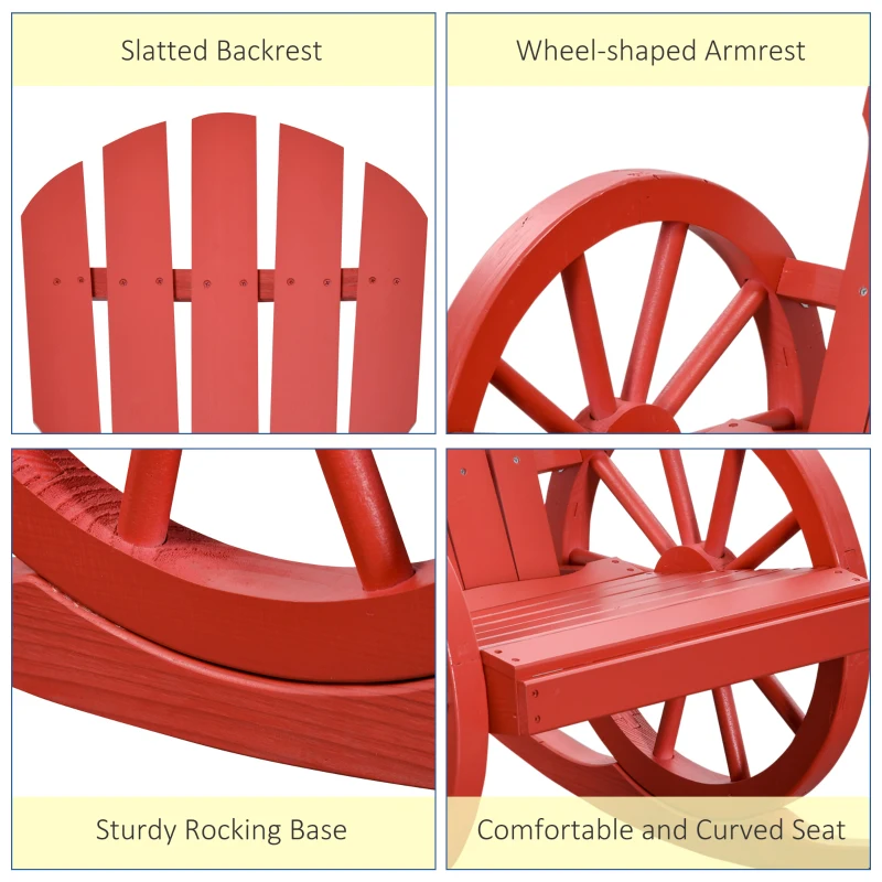 Outsunny Wooden Rocking Chair, Adirondack Rocker Chair w/Slatted Design and Oversized Back, Outdoor Rocking Chair with Wagon Wheel Armrest for Porch, Poolside, and Garden, Red