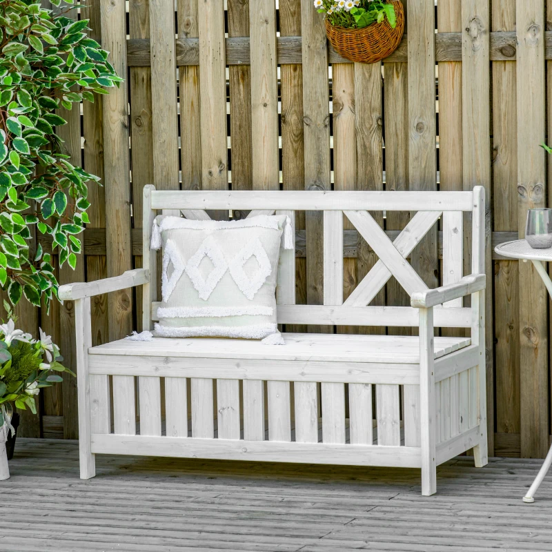 Outsunny Wooden Outdoor Storage Bench 2-Person Backyard Patio Bench with Louvered Side Panels & Wood Build, White
