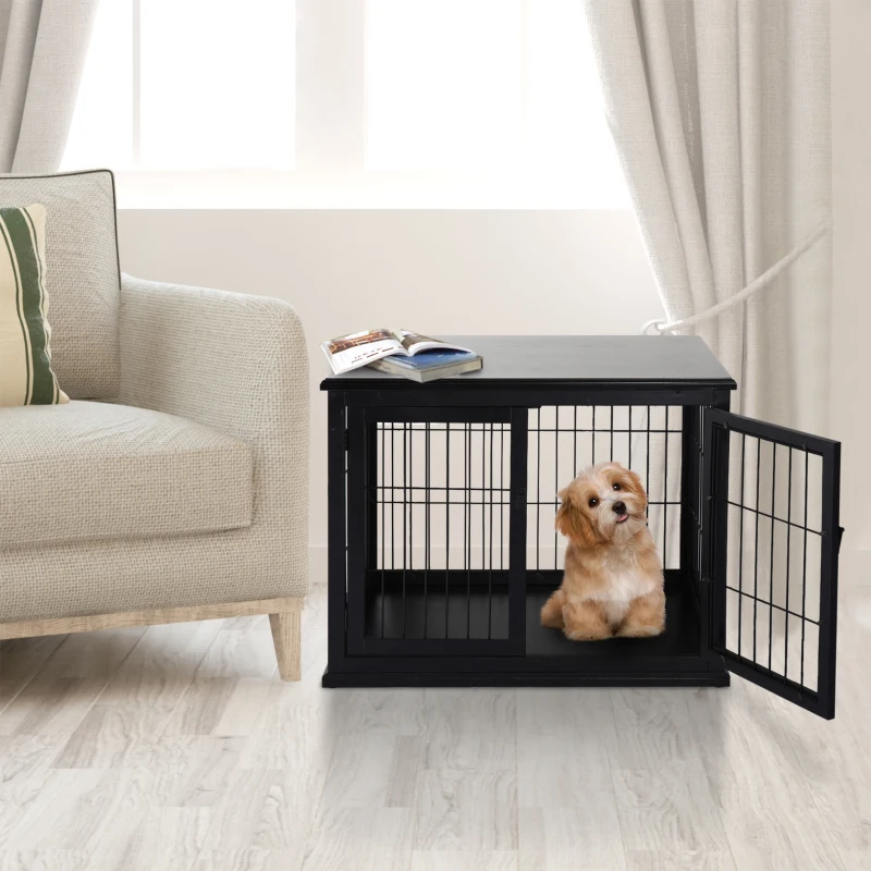 PawHut Dog Crate Furniture, 32" Small Dog Cage End Table with 2 Doors, Lockable Door, Puppy Kennel Indoor, Black