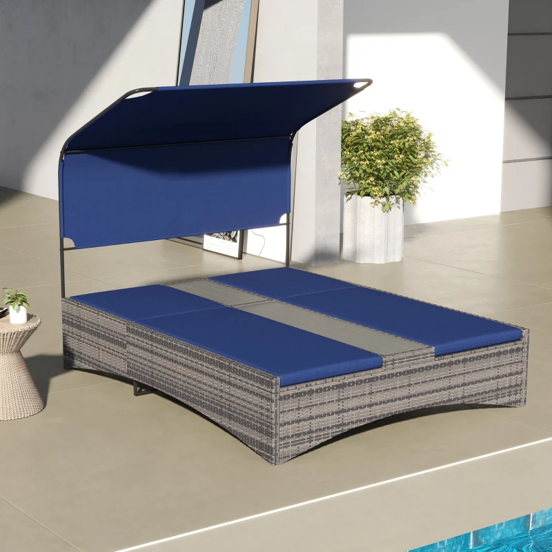 Outsunny PE Rattan Outdoor Double Chaise Lounge, Reclining Daybed with Canopy, Wood-Plastic Composite Middle Table, Dark Blue
