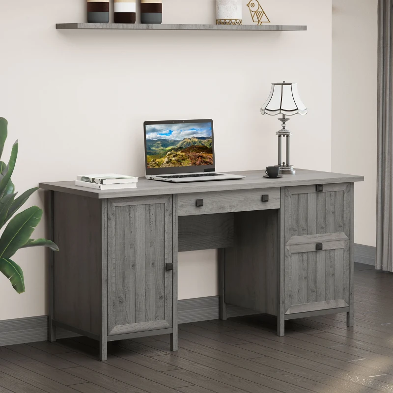 HOMCOM Vintage Executive Computer Desk, Home Office Work station, Student Table with Cabinet & 3 Drawers for Hanging Files, Grey