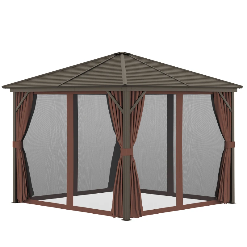 Outsunny 10' x 10' Hardtop Gazebo with Curtains and Netting, Permanent Pavilion Metal Single Roof Gazebo Canopy with Aluminum Frame and Hooks, for Garden, Patio, Backyard, Dark Brown