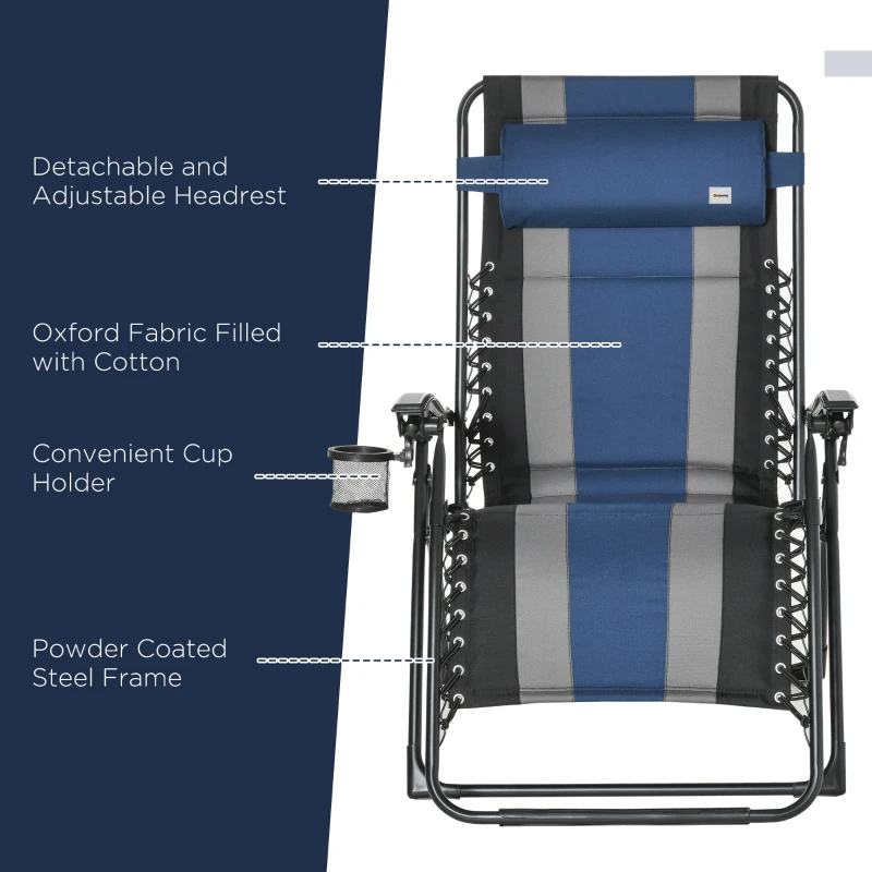 Outsunny XL Oversize Zero Gravity Recliner, Padded Patio Lounger Chair, Folding Chair with Adjustable Backrest, Cup Holder, and Headrest for Backyard, Poolside, Lawn, Striped, Blue