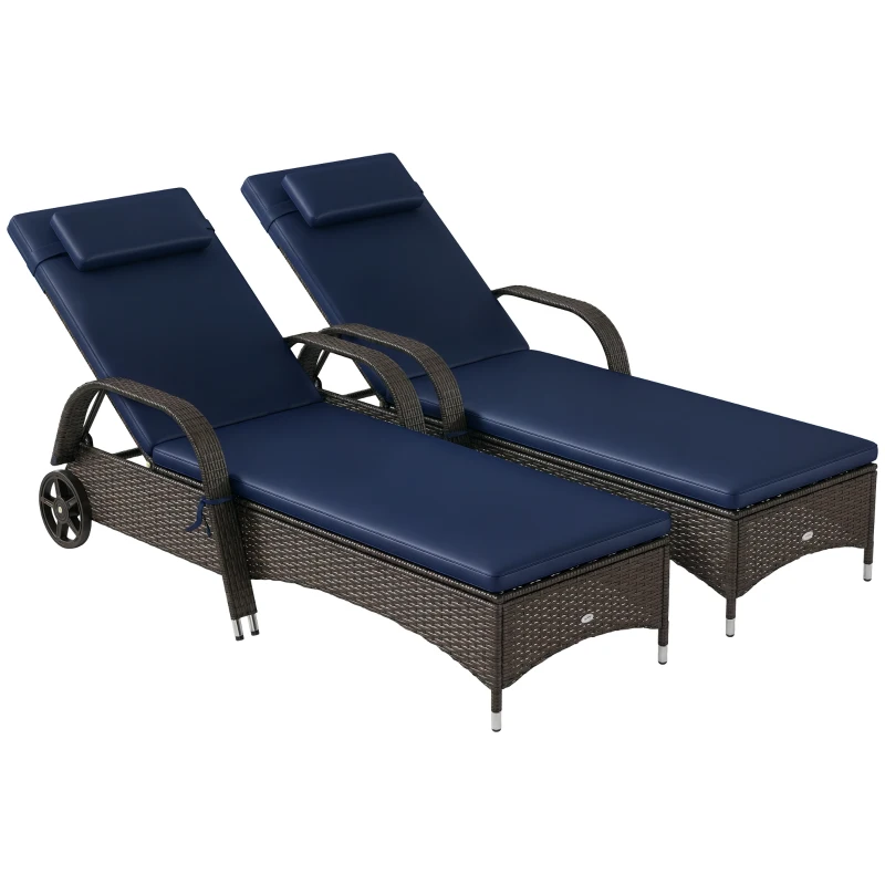 Outsunny 2 Reclining Chaise Lounge Chairs, Rolling Outdoor Chairs with Cushion, Pillow, Headrest, Armrests, and Wheels, Dark Blue