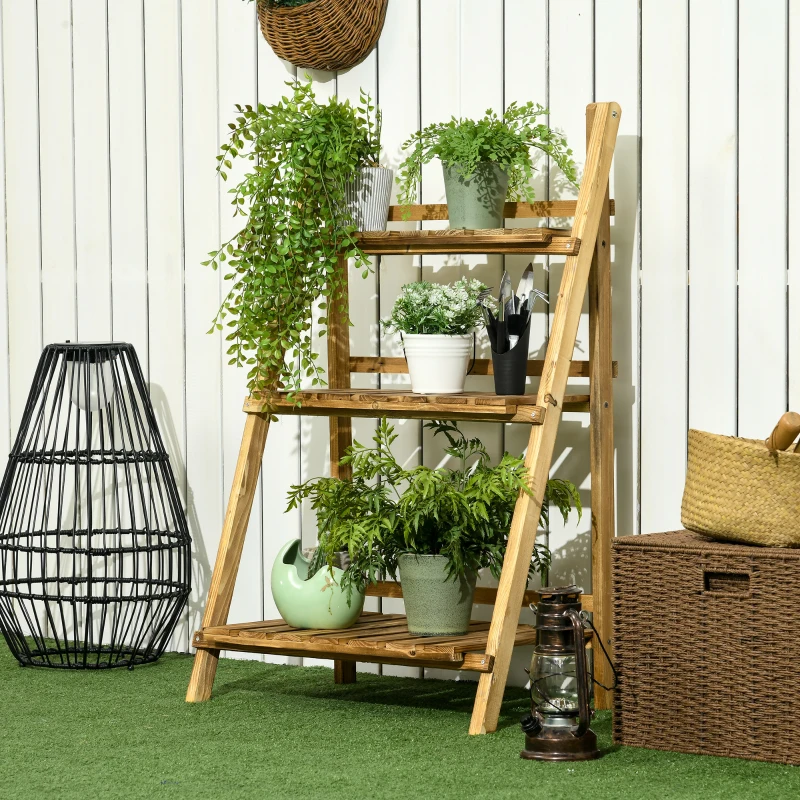 Outsunny 24'' Wooden Plant Stand, 3-Tier Foldable Flower Stand Ladder Display Plant Shelf，Slatted Bottom