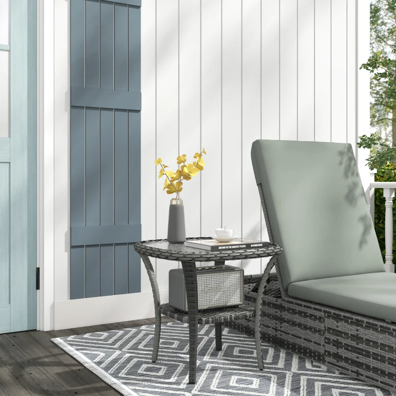 Outsunny Outdoor Coffee Table with Storage Shelf, Hand-Woven Wicker Side Table with Water-Ripple Glass Top, Mix Gray