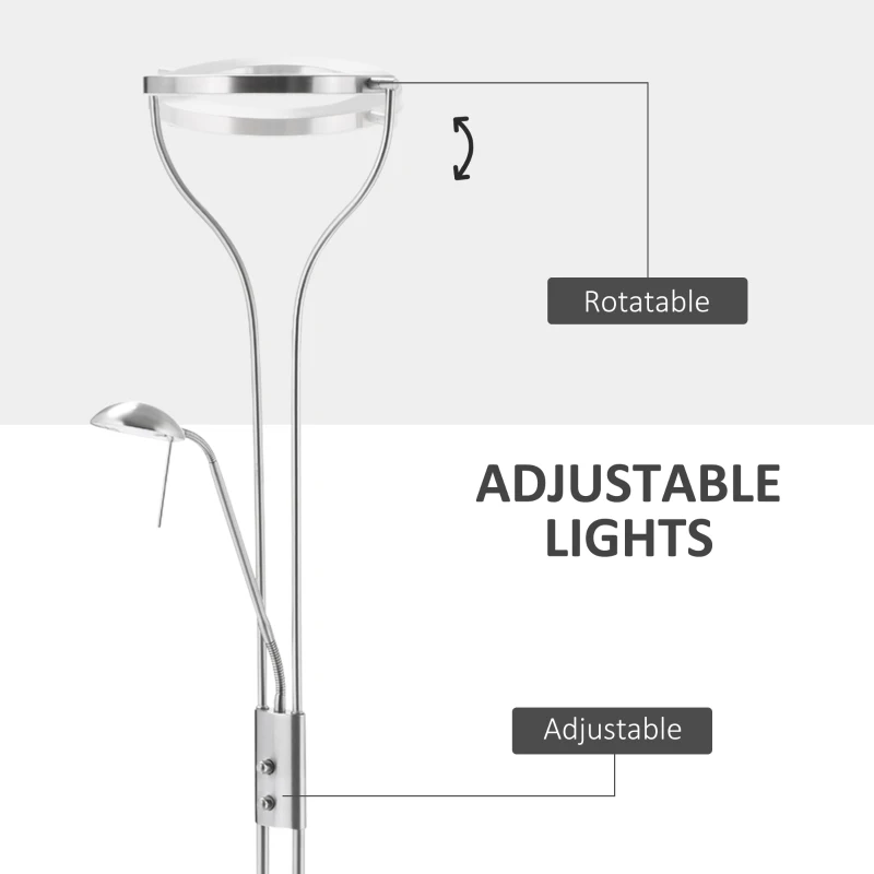 HOMCOM Modern LED 2 Light Floor Lamp, Tall Standing Lamp with Rotatable Ring Light and Height Adjustable Side Light for Living Room or Bedroom, Silver