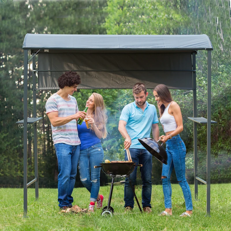 Outsunny 7FT Grill Gazebo BBQ Canopy with Sun Shade Panel Side Awning, 2 Exterior Serving Shelves, 5 Hooks