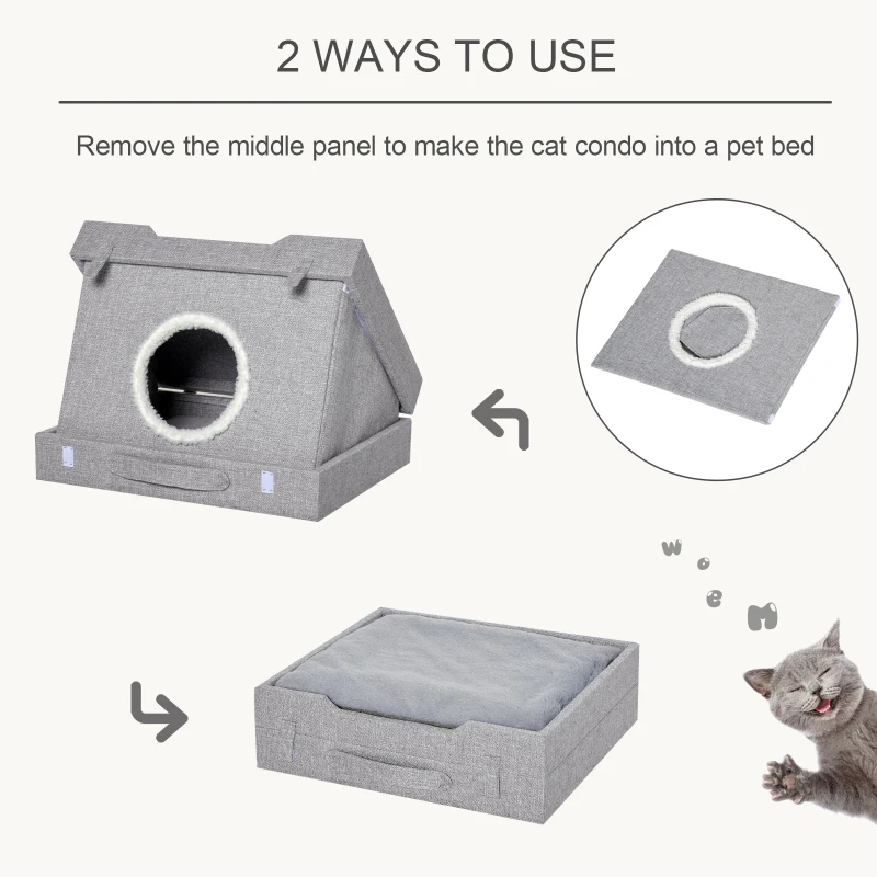 PawHut Cat House Foldable 2 In 1 Design Condo Pet Bed with Removable Washable Cushions Scratching Pad, Grey