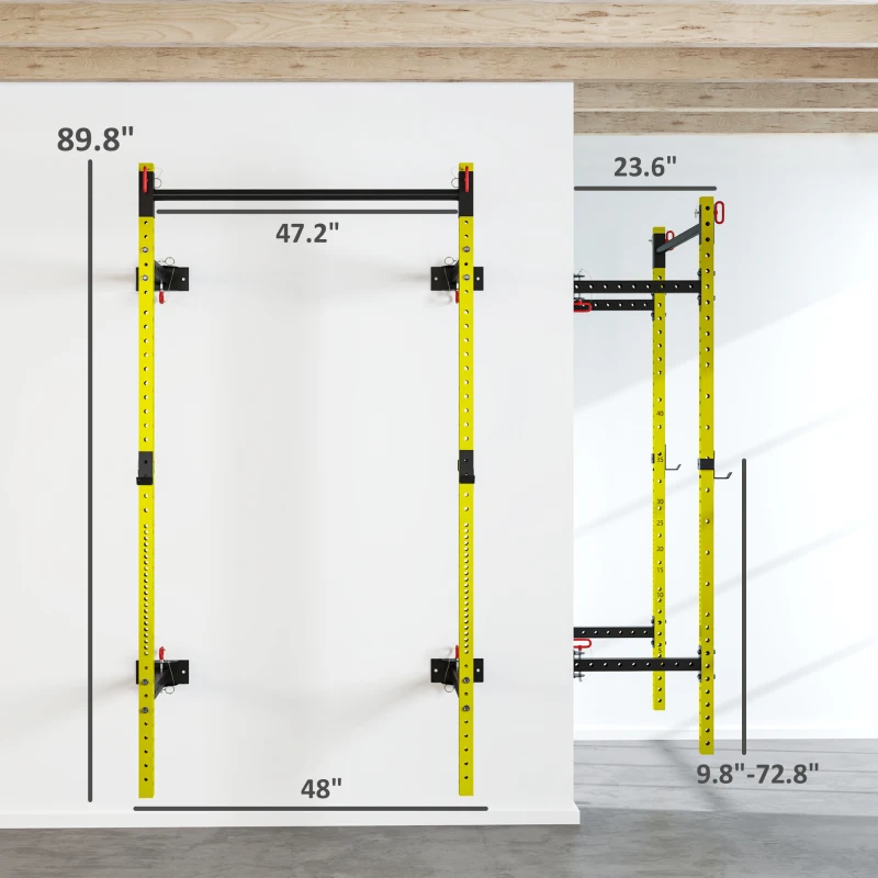 Soozier Folding Squat Rack with Pull Up Bar, Wall Mounted and Adjustable, 1000 Pounds Capacity Power Rack, Yellow