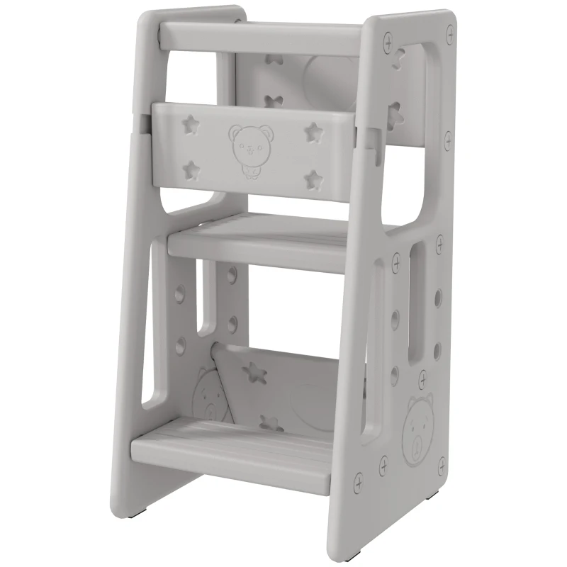 Qaba Toddler Tower with Adjustable Height, Toddler Kitchen Stool Helper with Anti-slip Mat, Step Stool, Gray