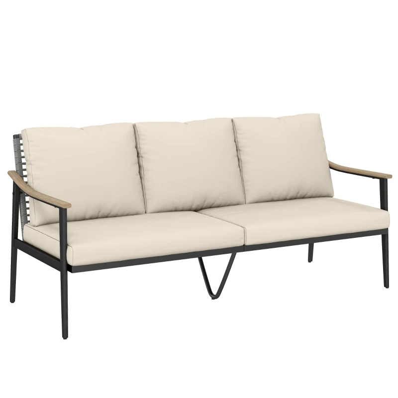 Outsunny 3 Seater Outdoor Patio Sofa, Outdoor Couch with Wood-Effect Armrests, Wicker Backrest, Cushions for Garden Yard, Khaki