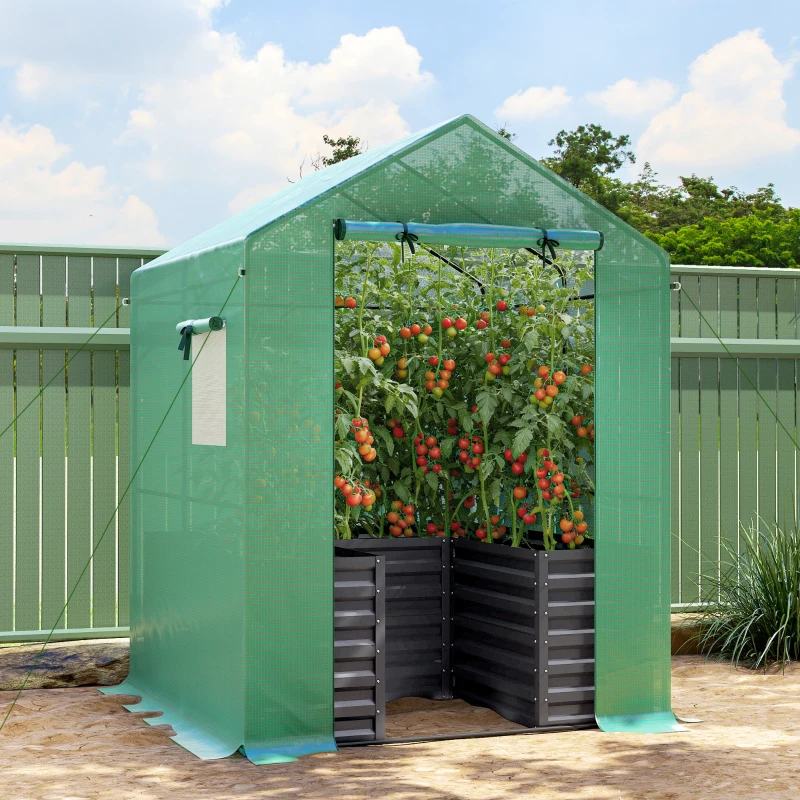 Outsunny Greenhouse with Raised Garden Bed, Galvanized Steel Outdoor Greenhouse with Roll Up Door, 56" x 56" x 75", Dark Gray