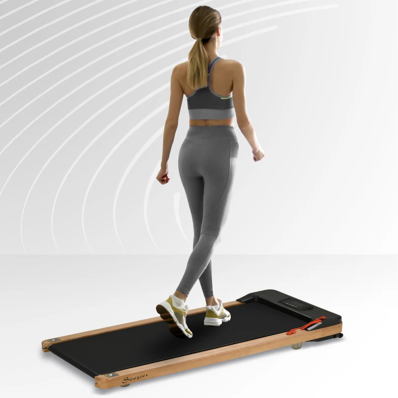 Soozier Wood Walking Pad, Smart Under Desk Treadmill, Walking Jogging Machine with Blue Tooth Speaker, Remote Control, 12 Pre-Programs, Transport Wheels and LED Display for Home Gym Office
