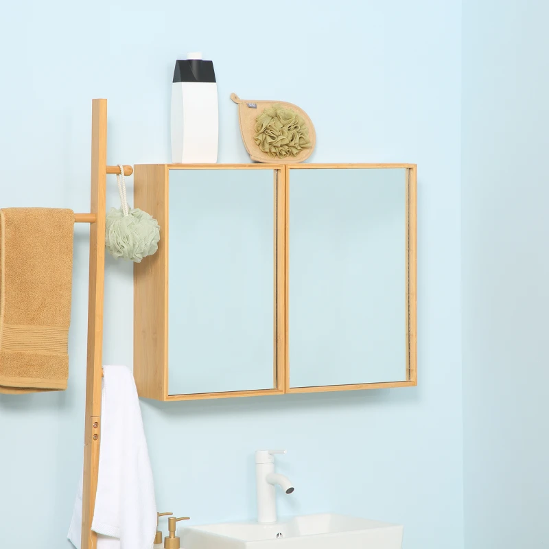 kleankin Planet-Friendly Bamboo Cabinet Bathroom Mirror Storage, Bathroom Wall Cabinet Sink & Over Toilet Storage