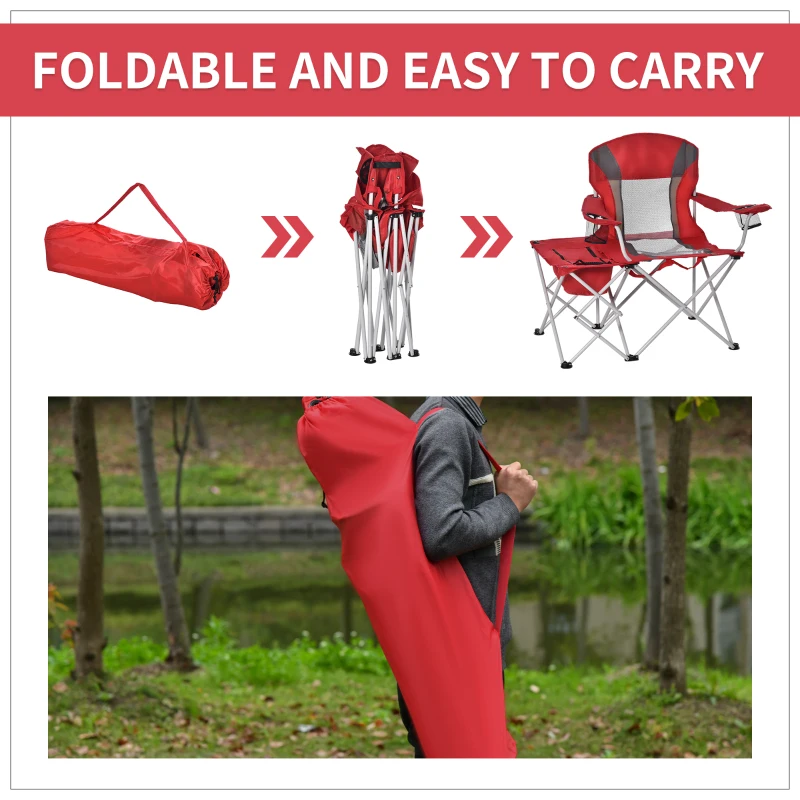 Outsunny Folding Camping Chair with Portable Insulation Table Bag, Two Cup Holders for Beach, Ice Fishing and Picnic, Red