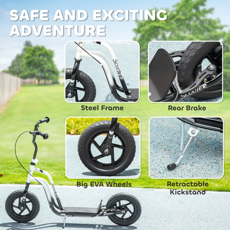 Qaba Kids Scooter, Lightweight Scooter with Adjustable Handlebar, Rear Brake, Kickstand, 12" EVA Wheels, for 5-12 Y, White