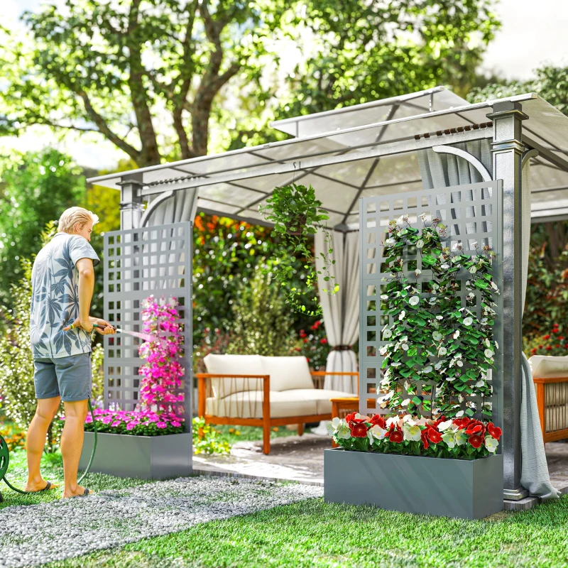 Outsunny Galvanized Raised Garden Bed Planter Box with Trellis for Climbing Plants, Vegetable, Vines, 35" x 16" x 70", Gray