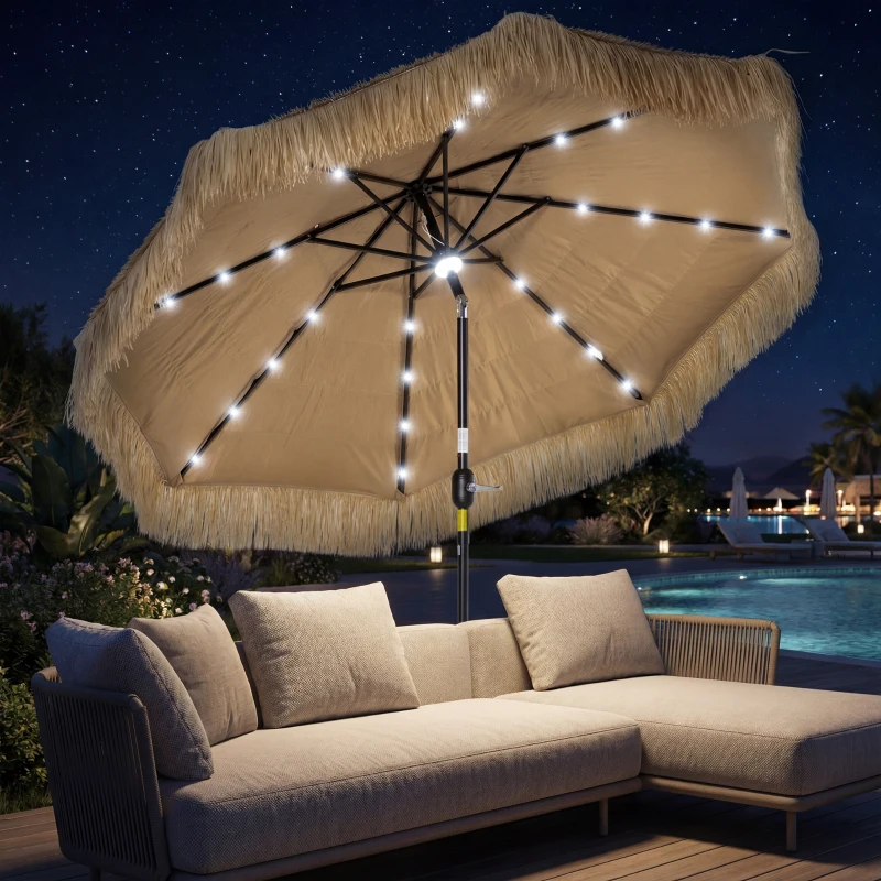 Outsunny 9 ft Hula Thatched Tiki Patio Umbrella with LED Solar Light, Outdoor Umbrella with Crank, Tilt, UPF30+, Khaki