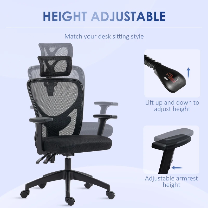Vinsetto Ergonomic Office Chair, Mesh Desk Chair with Adjustable Headrest, Reclining Backrest, Swivel Wheels, Black