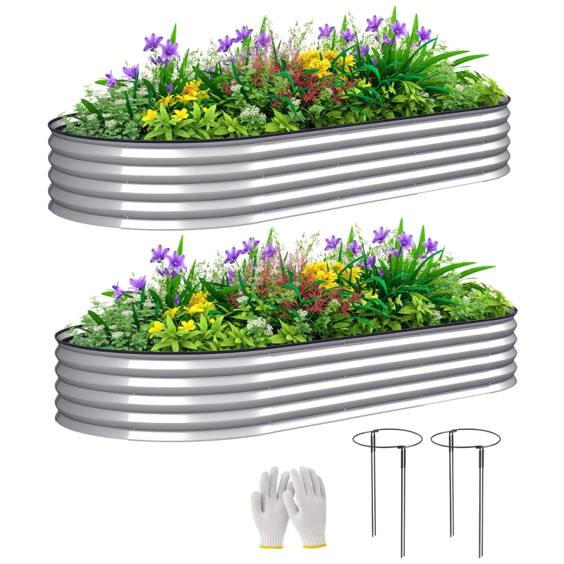 Outsunny 7' x 3' x 1' Raised Garden Bed Set, 2PCS Raised Beds for Gardening with Metal Plant Stakes, Silver