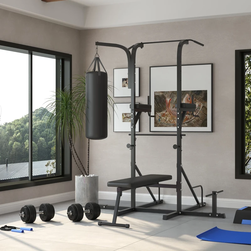 Soozier Heavy-Duty Power Tower Dip Station Pull Up Bar with Foldable Workout Bench and Punching Bag, Multi-Functional Adjustable Strength Training Equipment Power Rack Fitness Equipment for Home Gym