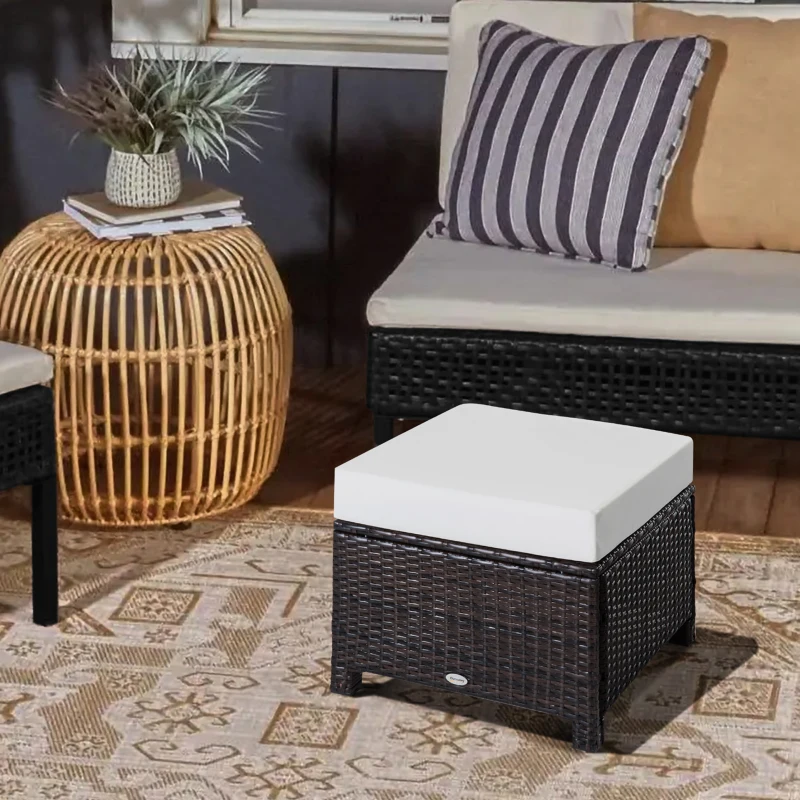 Outsunny 20" Patio Wicker Ottoman, Multipurpose Outdoor PE Rattan Footrest, Additional Seating, Side Table with Soft Cushion, Dark Brown, Cream White