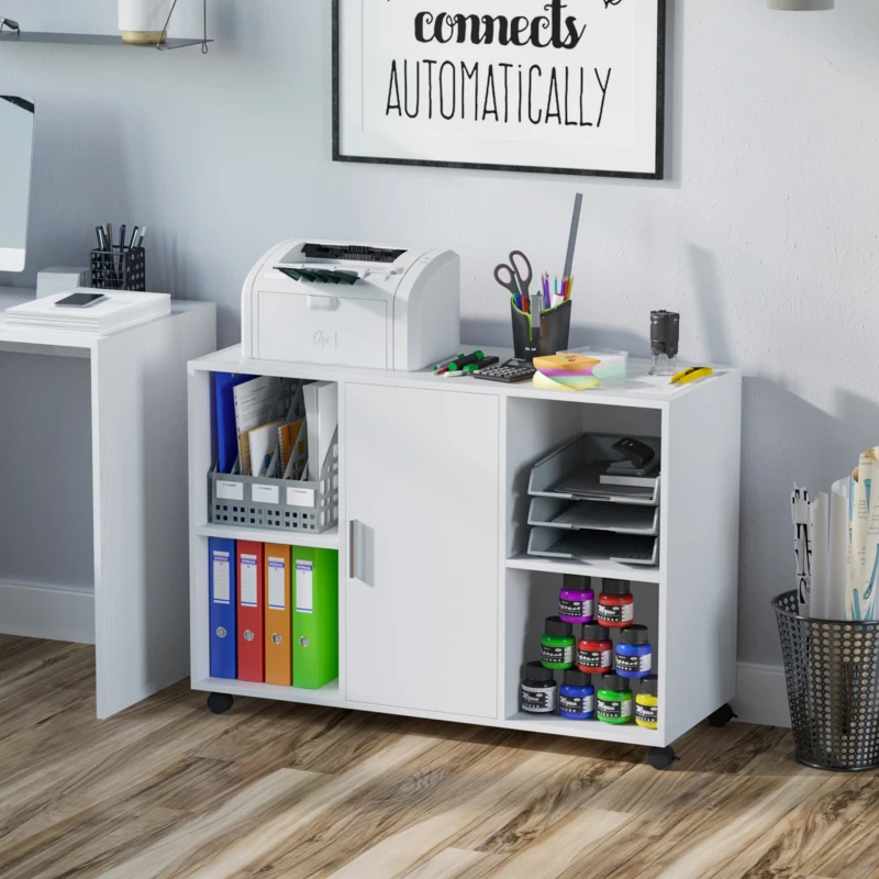 Vinsetto Mobile File Cabinet and Printer Stand for Home Office, Mobile Printer Table with 4 Open Storage Shelves, Door Cabinet, Wheels, White