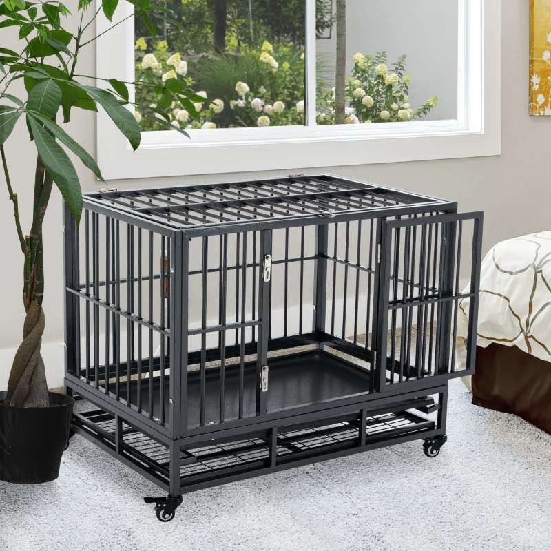 PawHut 36" Heavy Duty Dog Crate Metal Cage Kennel with Lockable Wheels, Double Door and Removable Tray, Gray
