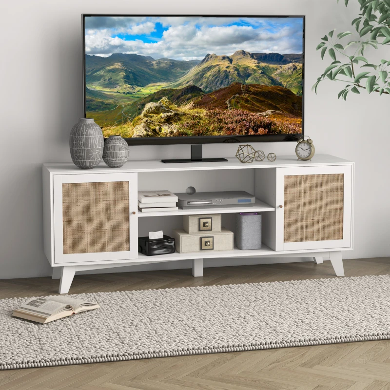 HOMCOM TV Stand Cabinet for 65-Inch, TV Table with 2 Rattan Doors, Television Stand with Adjustable Shelves and Cable Holes