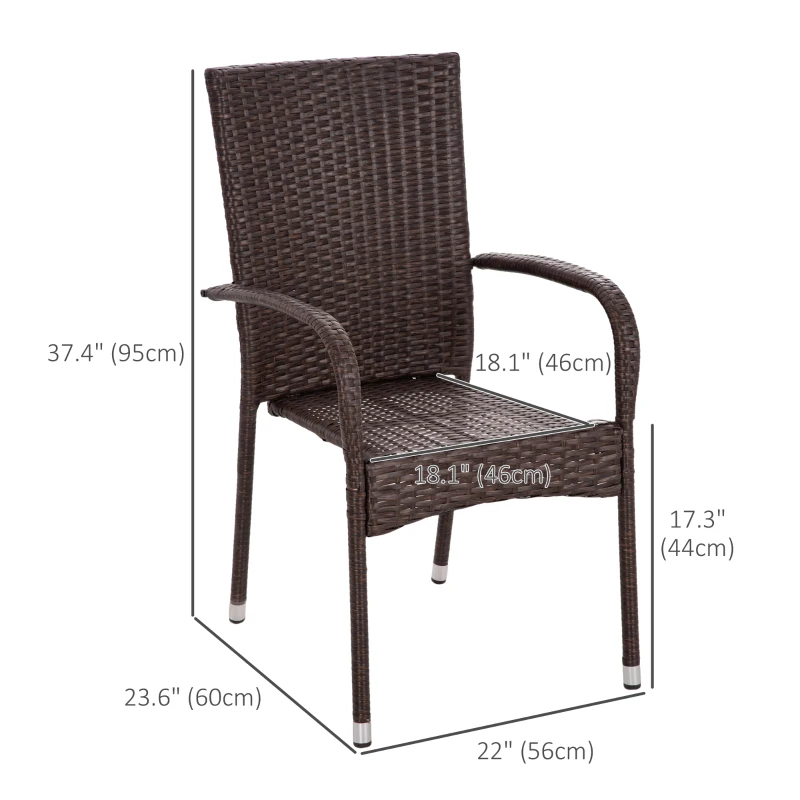 Outsunny Stackable PE Rattan Outdoor Dining Chairs with Cushion, Patio Wicker Dining Chair with Armrests & Backrest, Blue