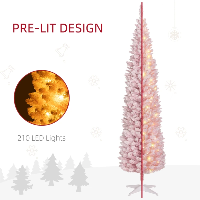 HOMCOM 7ft Pencil Christmas Tree, Slim Artificial Christmas Tree with Snow Flocked Branches and Warm White LED Lights, Pink
