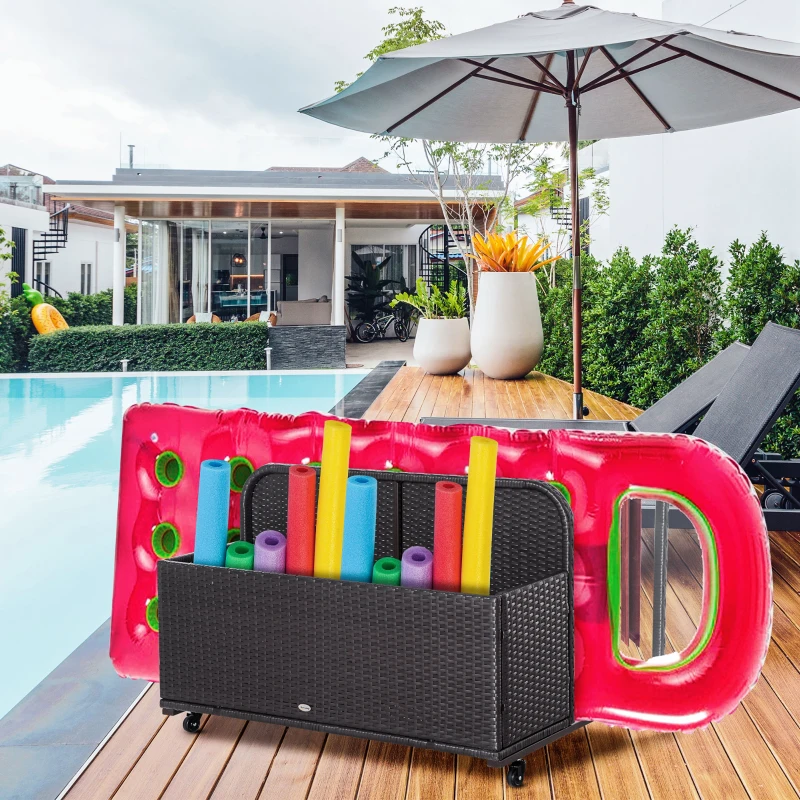 Outsunny Wicker Patio Pool Float Storage Basket, PE Rattan Outdoor Pool Caddy with Rolling Wheels for Floaties, Noodles, Life Vests, Beach Balls, Garden Furniture, Mixed Brown