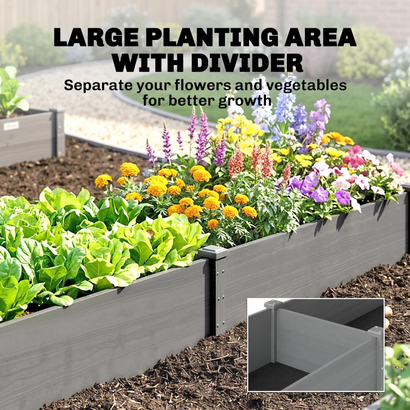 Outsunny 96" x 24" x 10" Wooden Raised Garden Bed with 2 Planter Boxes and Non-woven Fabric Liner for Patio, Gray
