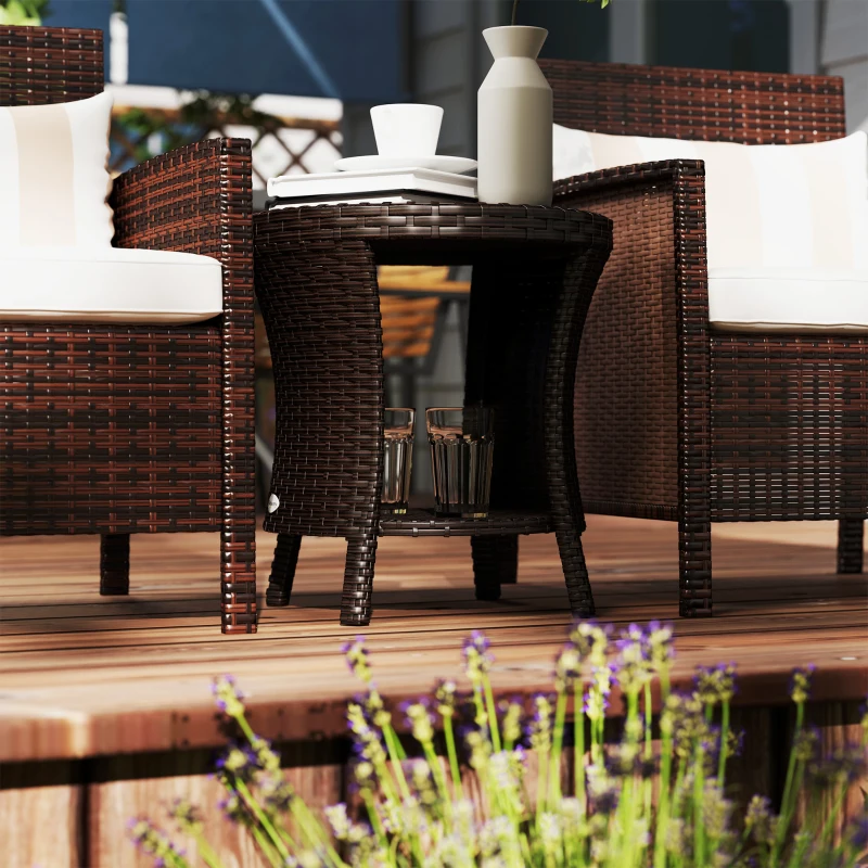 Outsunny 18" Wicker Outdoor Coffee Table, PE Rattan Patio Side Table with 2-Tier Storage, Composite Wood Top, Mixed Brown