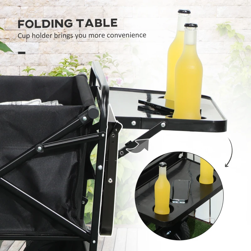 Outsunny Foldable Wagon Garden Carts with Wheels and Side Table, Black