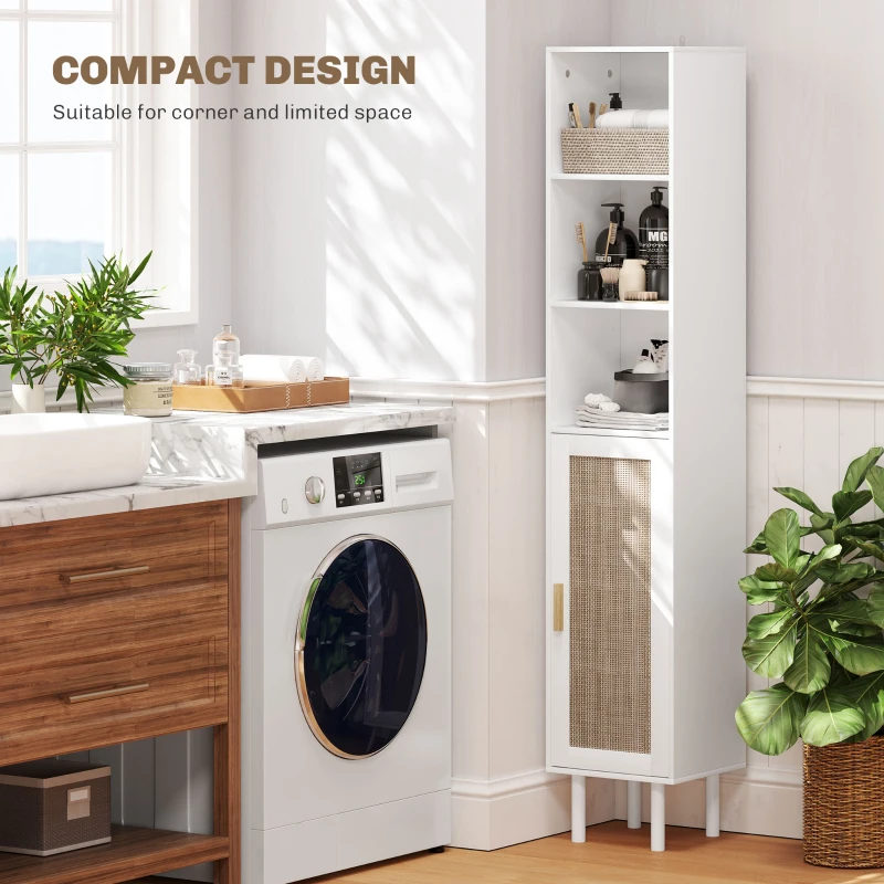 HOMCOM Tall Bathroom Cabinet with Rattan Doors, Freestanding Bathroom Storage Cabinet with Adjustable Shelves, White