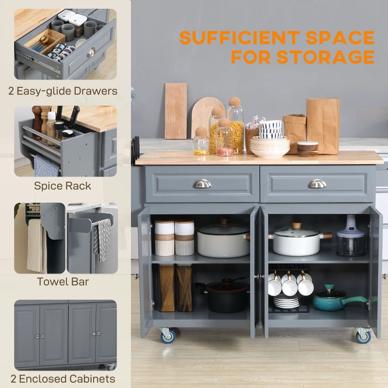 HOMCOM Rolling Kitchen Island Drop Leaf, Kitchen Cart on Wheels, Solid Wood Top Breakfast Nook with Storage Drawers, Gray