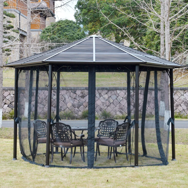 Outsunny 13' x 13' Hexagon Hardtop Gazebo Canopy with Galvanized Steel Roof, Aluminum Frame, Permanent Pavilion Outdoor Gazebo with Netting and Hook, for Patio, Garden, Backyard, Deck, Lawn