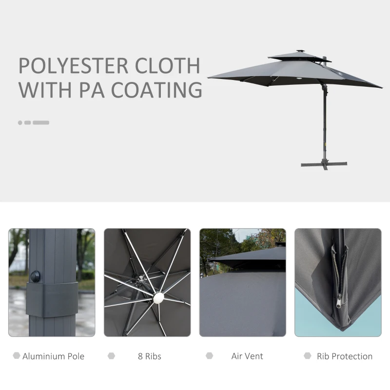 Outsunny 10FT Cantilever Patio Umbrella with Solar LED Lights & Power Bank, Double Top Outdoor Offset Umbrella with 360° Rotation, Tilt, Crank & Cross Base for Garden, Gray