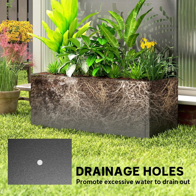 Outsunny Metal Planter Box with Trellis, 71" Tall Raised Garden Bed with Privacy Screen and Drainage Holes, Banana-Leaf Cut-Outs