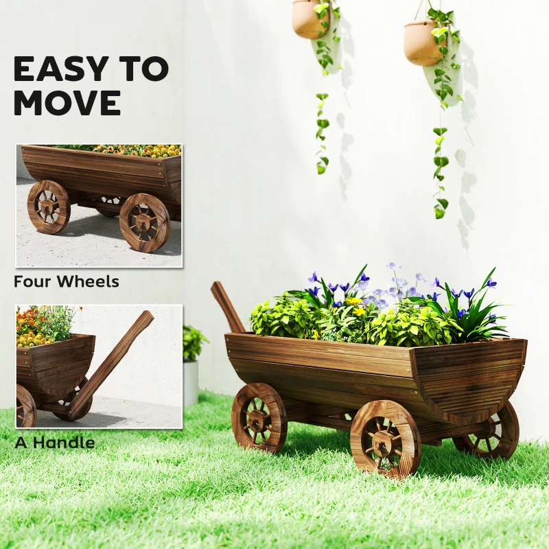 Outsunny Wooden Wagon Planter Box, Mobile Garden Planter with 4 Wheels, Small Wheelbarrow Wagon Flower Cart with Drainage Hole