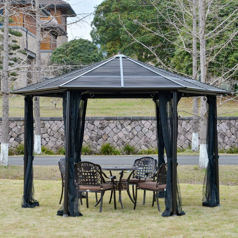 Outsunny 13' x 13' Hexagon Hardtop Gazebo Canopy with Galvanized Steel Roof, Aluminum Frame, Permanent Pavilion Outdoor Gazebo with Netting and Hook, for Patio, Garden, Backyard, Deck, Lawn