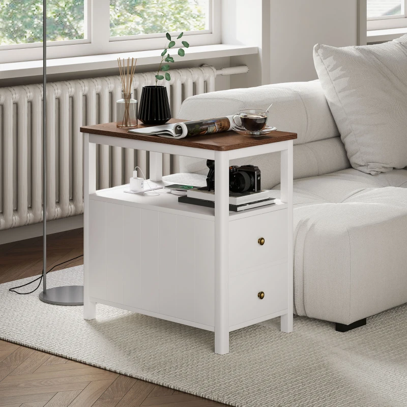 HOMCOM Side Table with Charging Station and USB Ports, Narrow End Table with Drawers, Shelf for Living Room, White